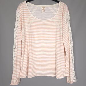 sundance Women’s Top Size XL Floral Lace Sleeve Striped Cotton Beige Pink